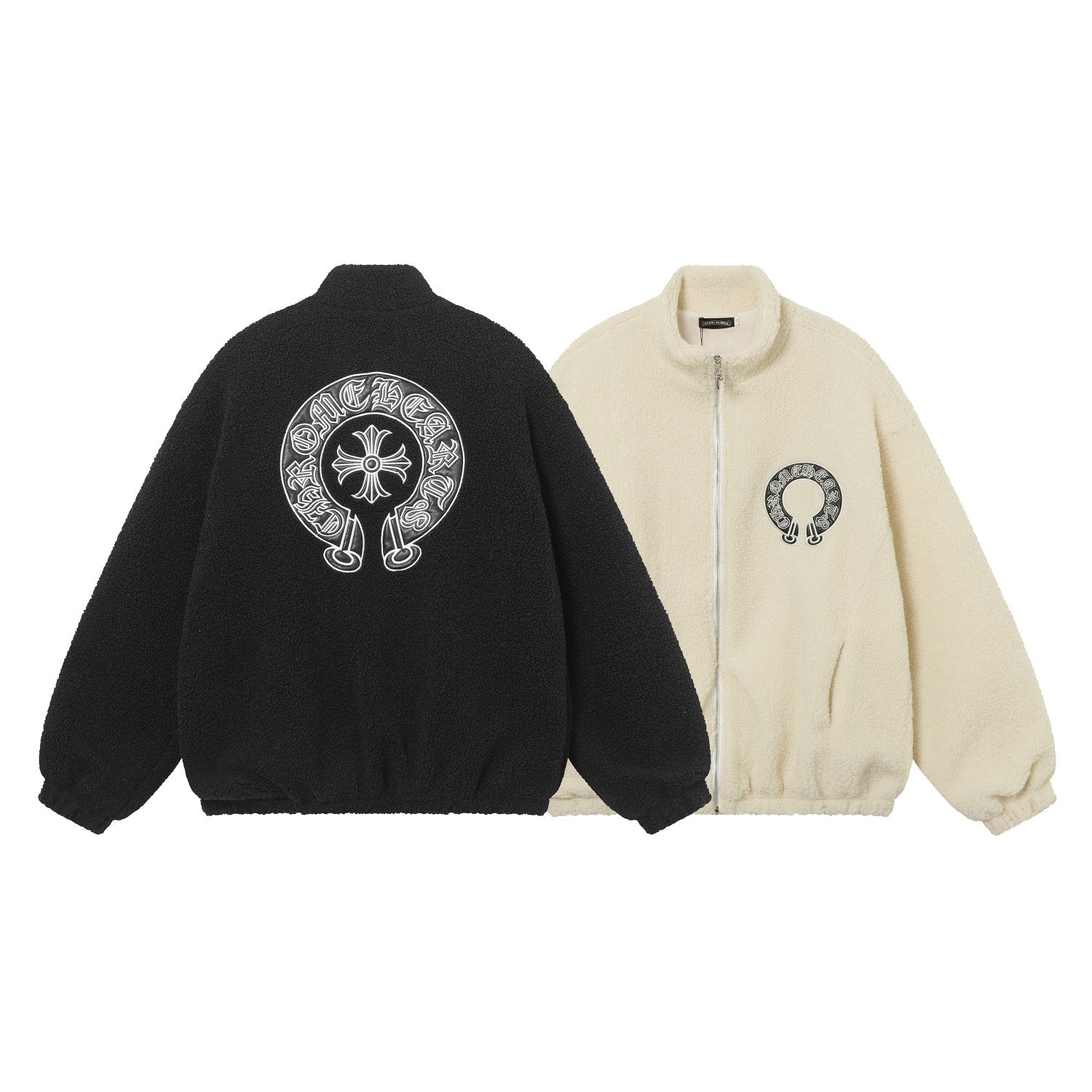 Horseshoe Embroidered Sherpa Jacket - Black Cream Gothic Coat 825