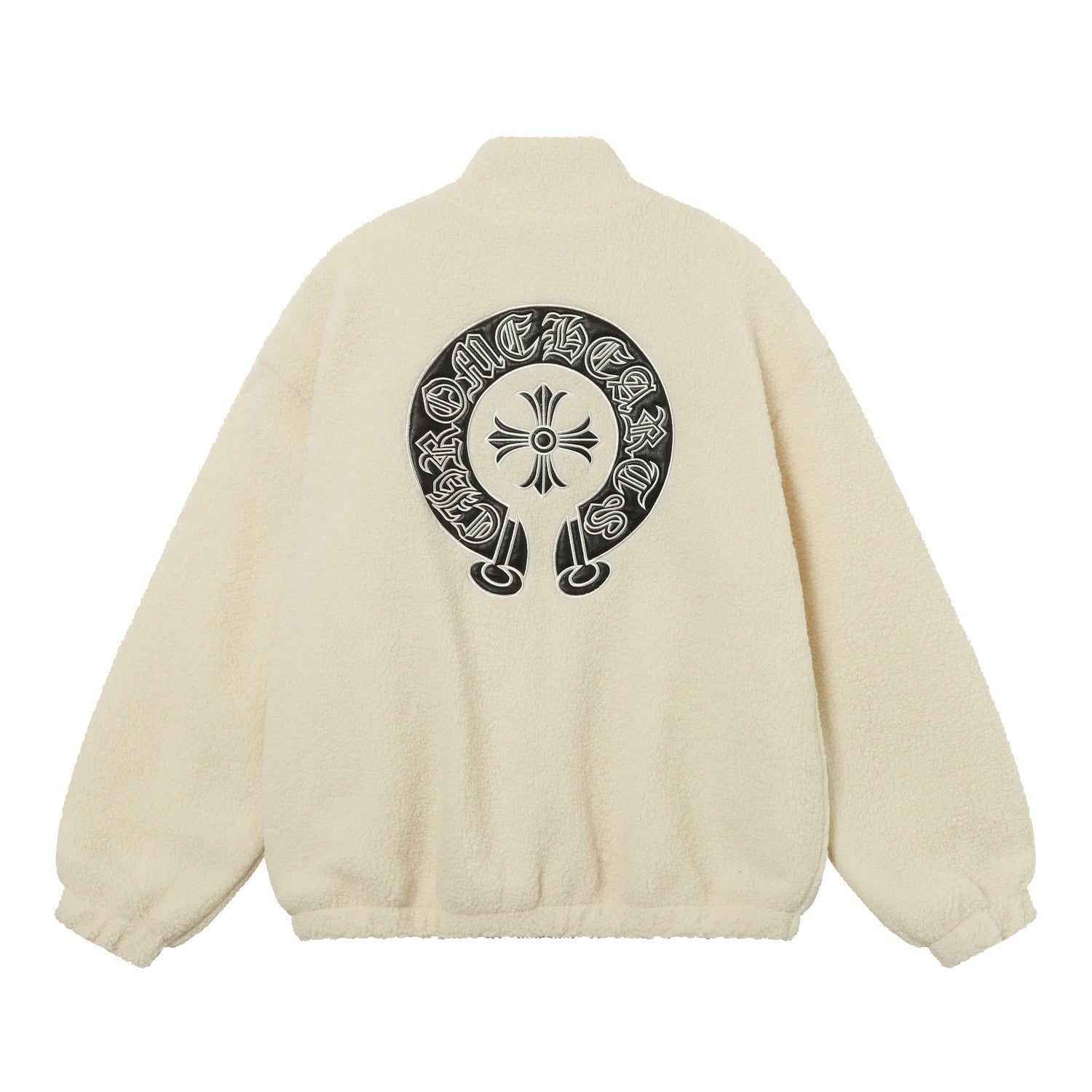 Horseshoe Embroidered Sherpa Jacket - Black Cream Gothic Coat 825