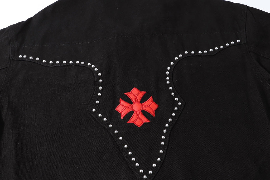 Multi Cross Studded Denim Jacket - Black Gothic Streetwear Coat H49